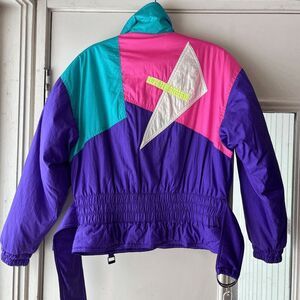 VTG 80s Fera Skiwear Neon Colorblock Belted Ski Jacket Purple Teal Pink M